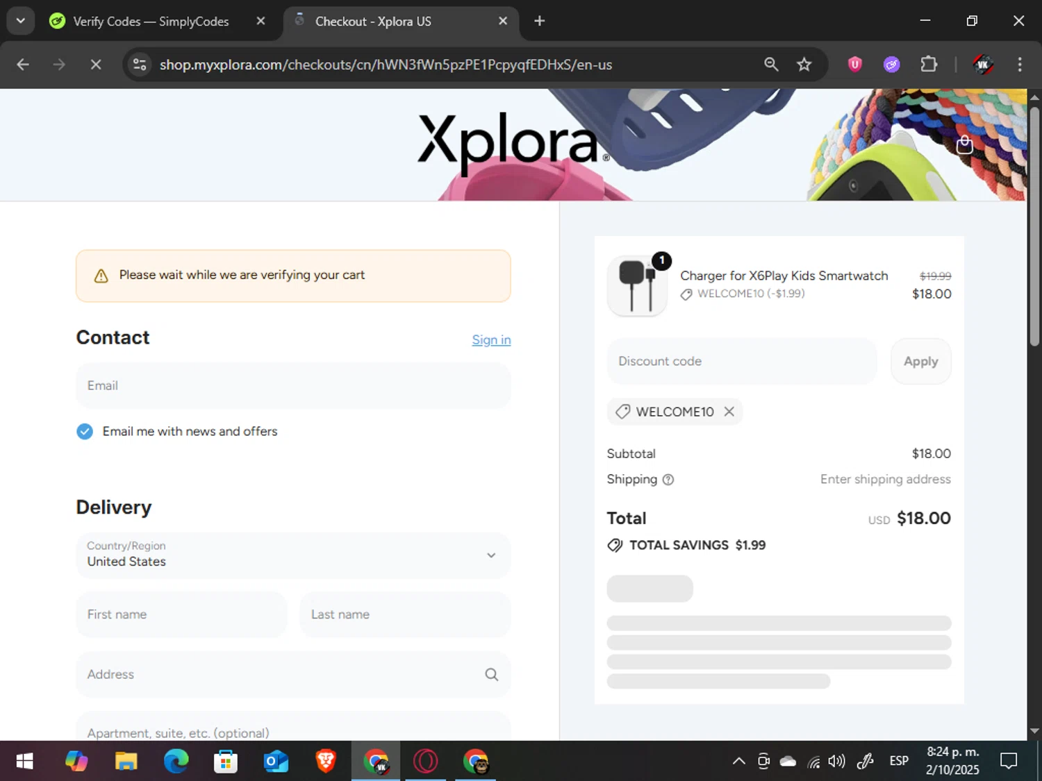 Xplora US promo code screenshot showing code WELCOME10 applied at Xplora US checkout page. Uploaded by SimplyCodes community member TreasureAdmiral6867 on Oct 3, 2025