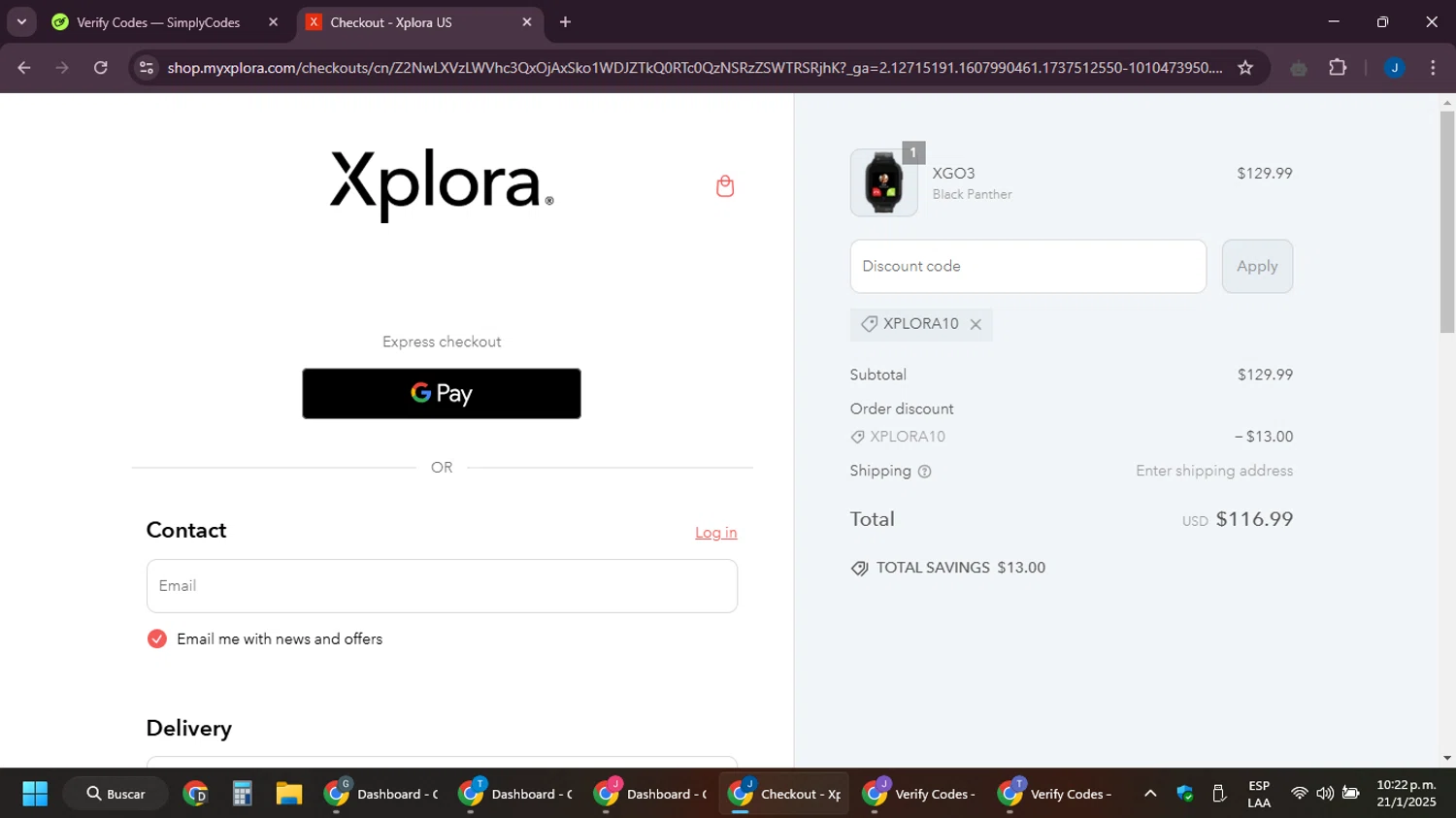 Xplora US promo code screenshot showing code XPLORA10 applied at Xplora US checkout page. Uploaded by SimplyCodes community member noesmith34ur on Jan 22, 2025