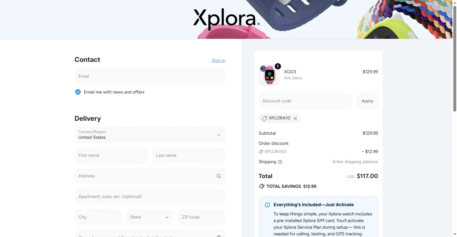 Xplora US promo code screenshot showing code XPLORA10 applied at Xplora US checkout page. Uploaded by SimplyCodes community member sofia_8 on Sep 24, 2025