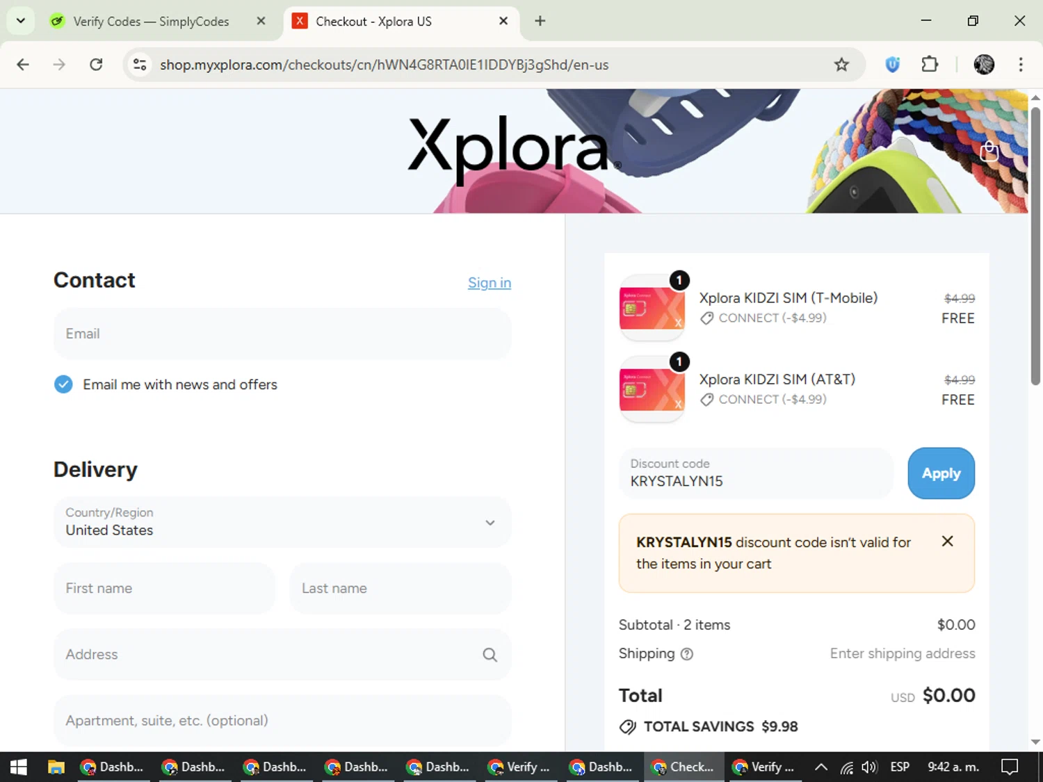 Xplora US promo code screenshot showing code KRYSTALYN15 applied at Xplora US checkout page. Uploaded by SimplyCodes community member PrimeKnight6101 on Oct 18, 2025