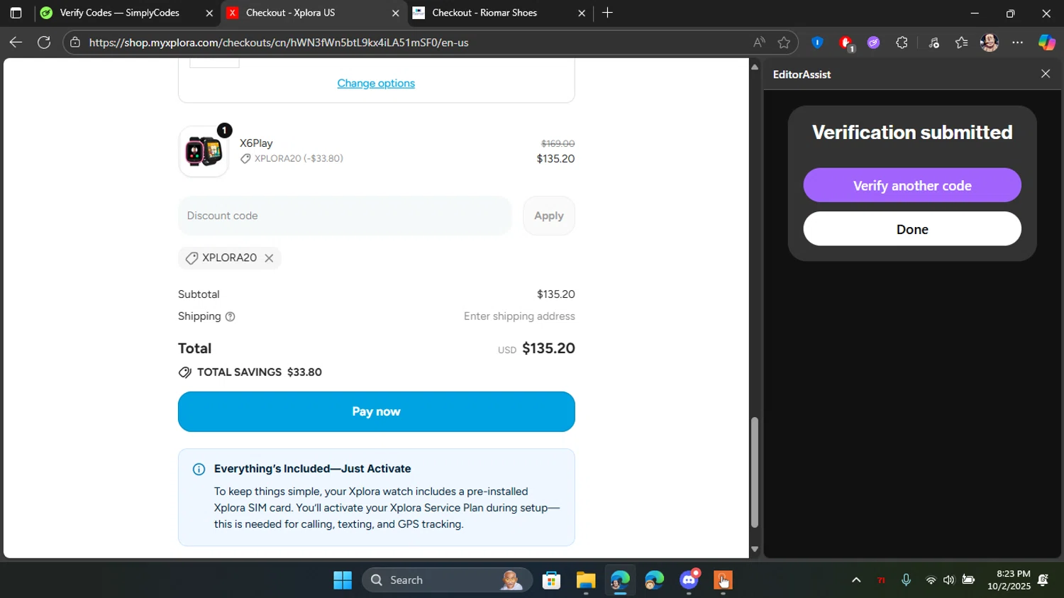 Xplora US promo code screenshot showing code Xplora20 applied at Xplora US checkout page. Uploaded by SimplyCodes community member Blackleg_Sanji on Oct 3, 2025