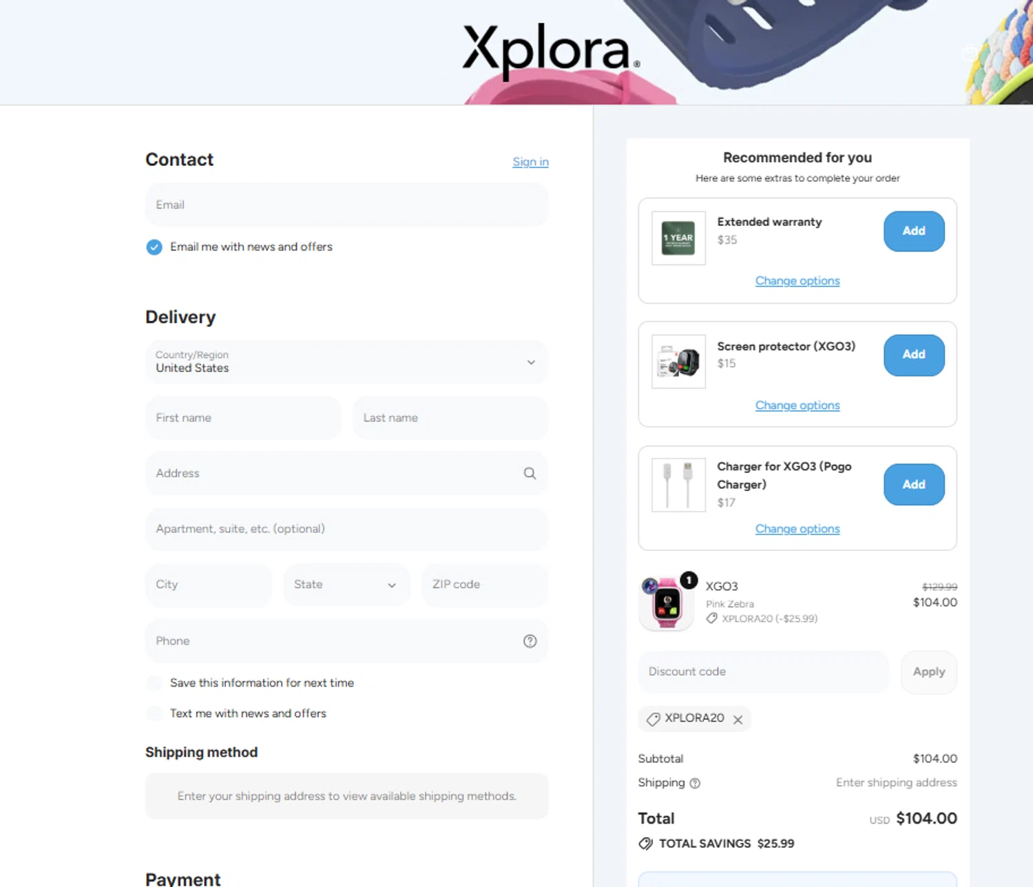 Xplora US promo code screenshot showing code Xplora20 applied at Xplora US checkout page. Uploaded by SimplyCodes community member MordeKaiser on Oct 14, 2025