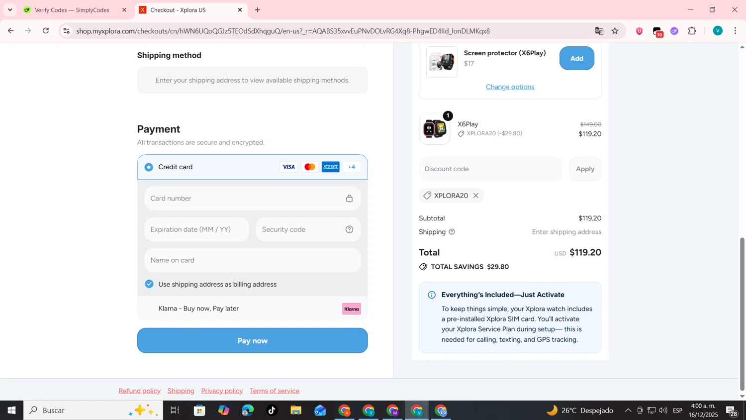 Xplora US promo code screenshot showing code Xplora20 applied at Xplora US checkout page. Uploaded by SimplyCodes community member lyffytaro on Dec 16, 2025