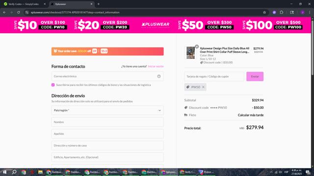 Xpluswear checkout page showing Xpluswear coupon code box | Screenshot taken by SimplyCodes community member on Aug 27, 2025