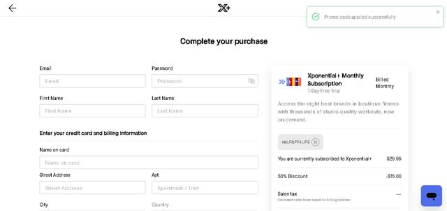 Xponential+ checkout page showing Xponential+ promo code box | Screenshot taken by SimplyCodes community member on Jul 31, 2025