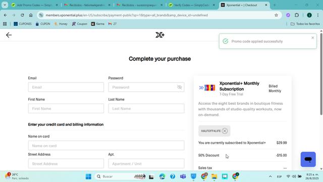 Xponential+ checkout page showing Xponential+ promo code box | Screenshot taken by SimplyCodes community member on Aug 26, 2025