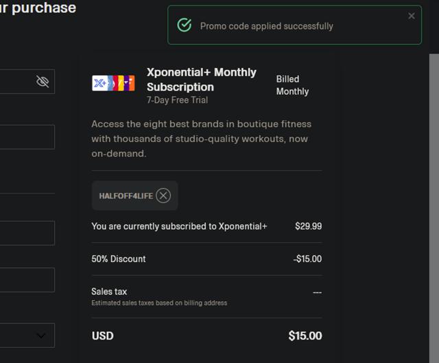 Xponential+ checkout page showing Xponential+ promo code box | Screenshot taken by SimplyCodes community member on Jun 28, 2025