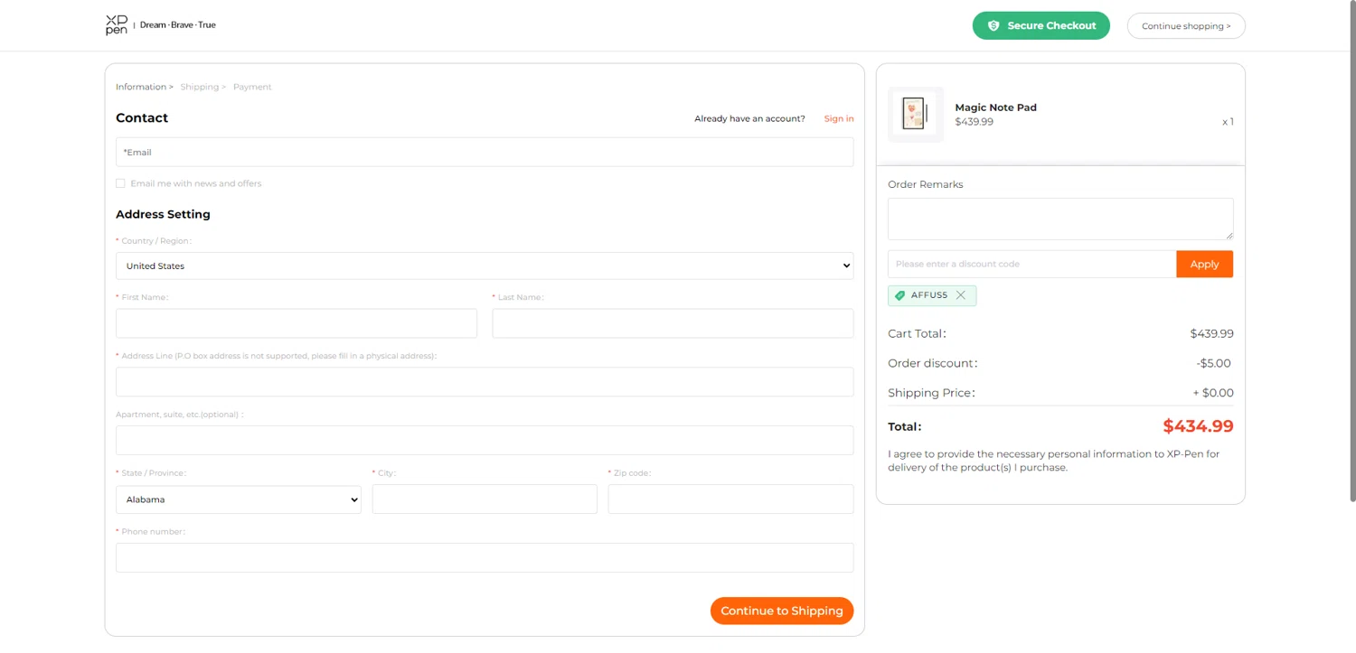 XPPen Store promo code screenshot showing code AFFUS5 applied at XPPen Store checkout page. Uploaded by SimplyCodes community member EpicEagle816 on Dec 23, 2025