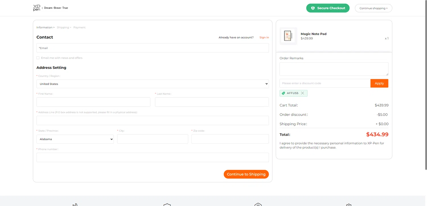 XPPen Store promo code screenshot showing code AFFUS5 applied at XPPen Store checkout page. Uploaded by SimplyCodes community member ThriftyPhoenix5129 on Dec 7, 2025