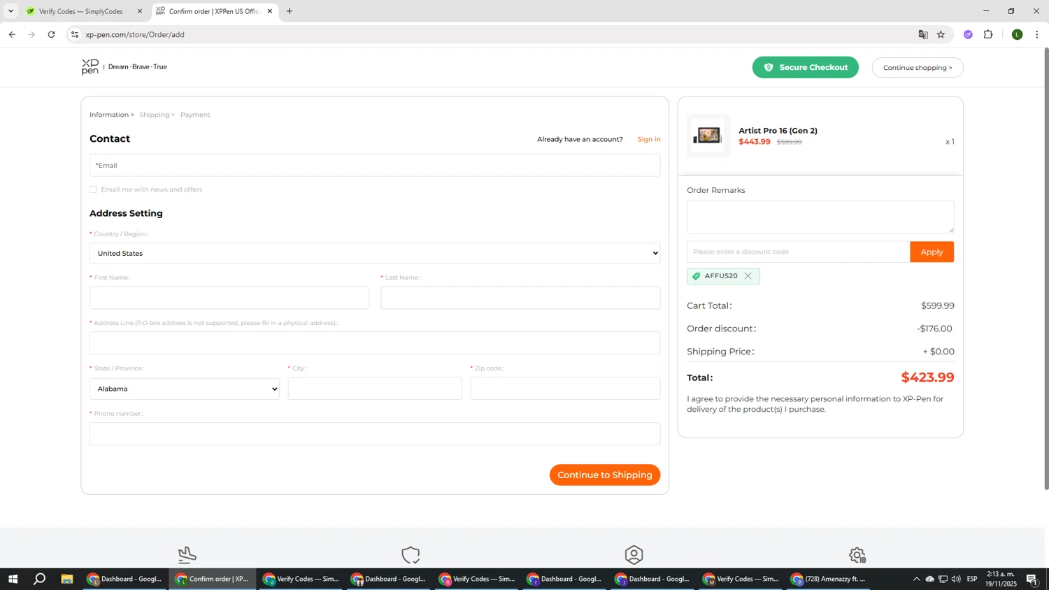 XPPen Store promo code screenshot showing code AFFUS20 applied at XPPen Store checkout page. Uploaded by SimplyCodes community member DUCATI on Nov 19, 2025