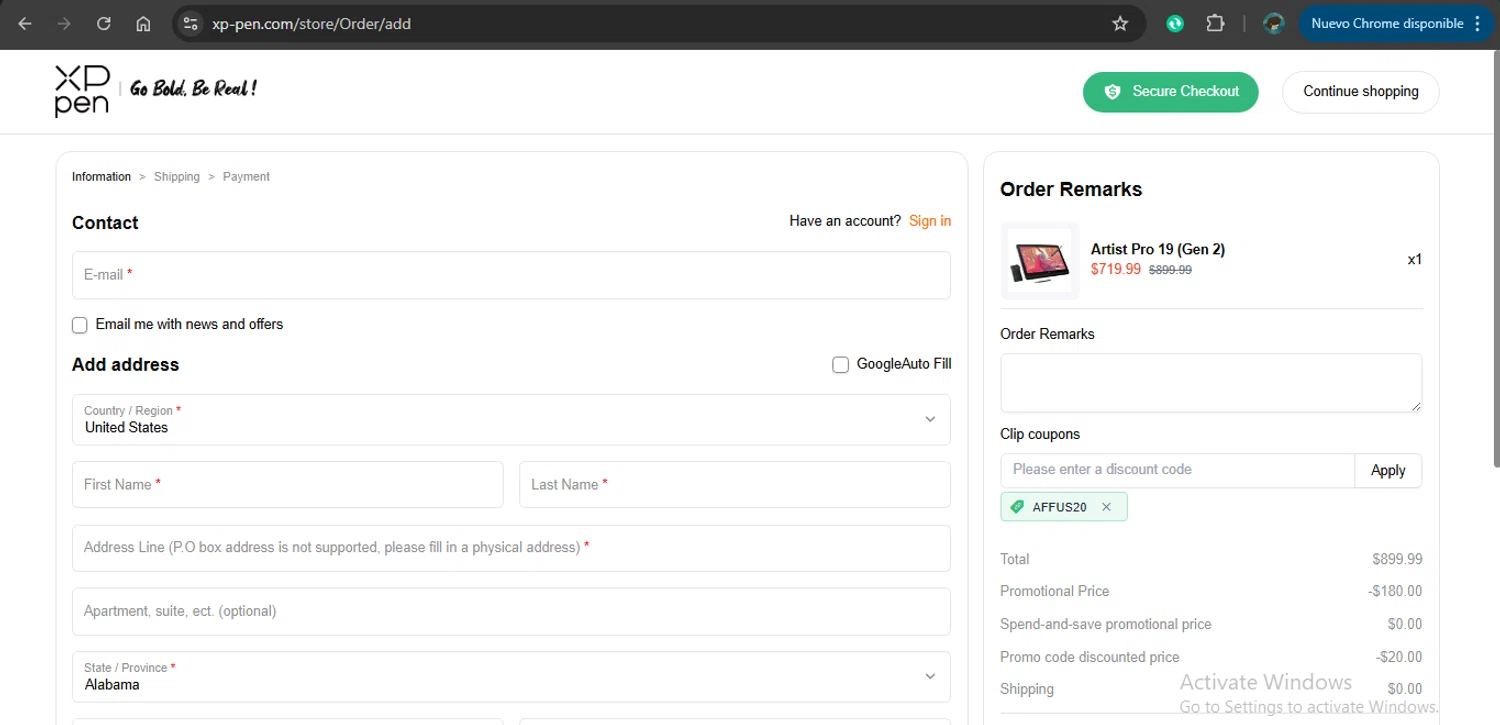 XPPen Store checkout page showing XPPen Store promo code box | Screenshot taken by SimplyCodes community member on Feb 13, 2026