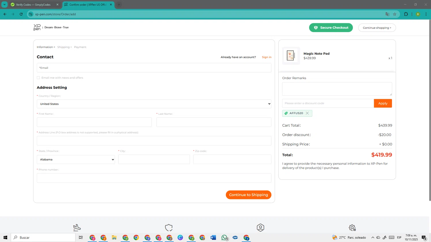 XPPen Store promo code screenshot showing code AFFUS20 applied at XPPen Store checkout page. Uploaded by SimplyCodes community member TokenOwl8222 on Nov 10, 2025