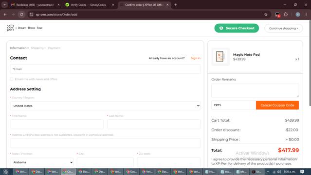 XPPen Store checkout page showing XPPen Store promo code box | Screenshot taken by SimplyCodes community member on Sep 16, 2025