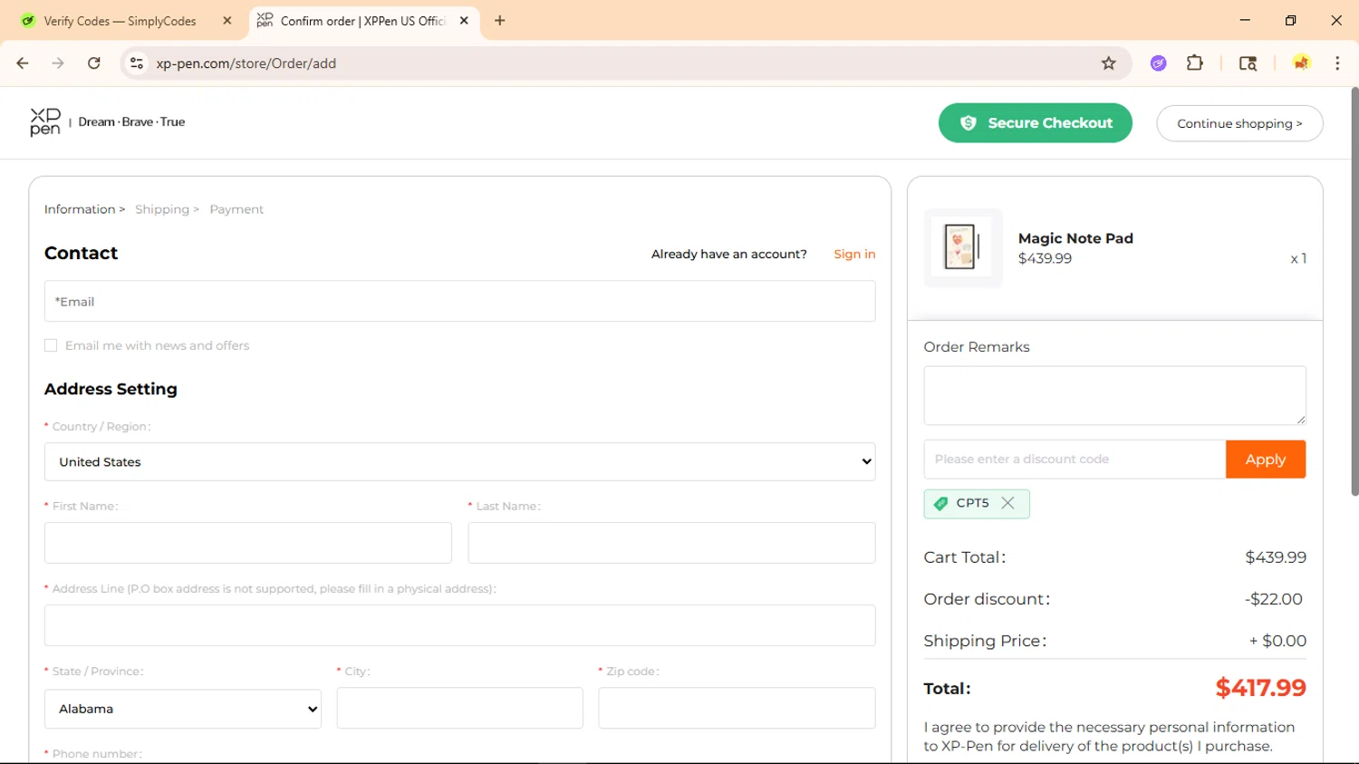 XPPen Store promo code screenshot showing code CPT5 applied at XPPen Store checkout page. Uploaded by SimplyCodes community member Ranita_de_agua on Nov 16, 2025