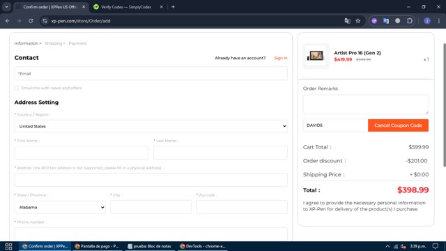 XPPen Store checkout page showing XPPen Store promo code box | Screenshot taken by SimplyCodes community member on Aug 20, 2025