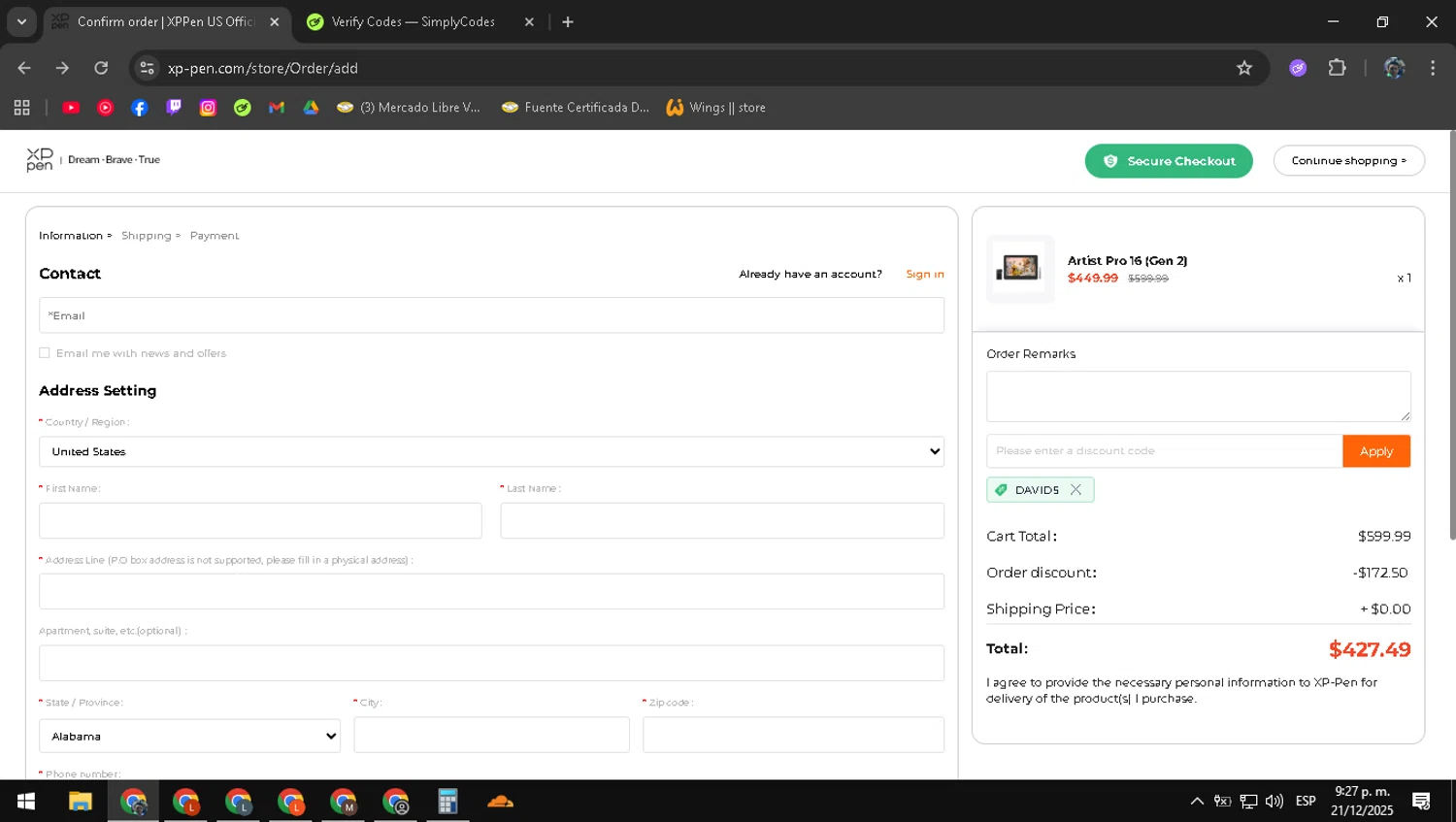 XPPen Store promo code screenshot showing code DAVID5 applied at XPPen Store checkout page. Uploaded by SimplyCodes community member RoyalAdmiral1682 on Dec 22, 2025