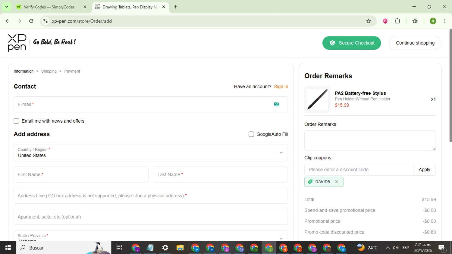 XPPen Store checkout page showing XPPen Store promo code box | Screenshot taken by SimplyCodes community member on Jan 20, 2026