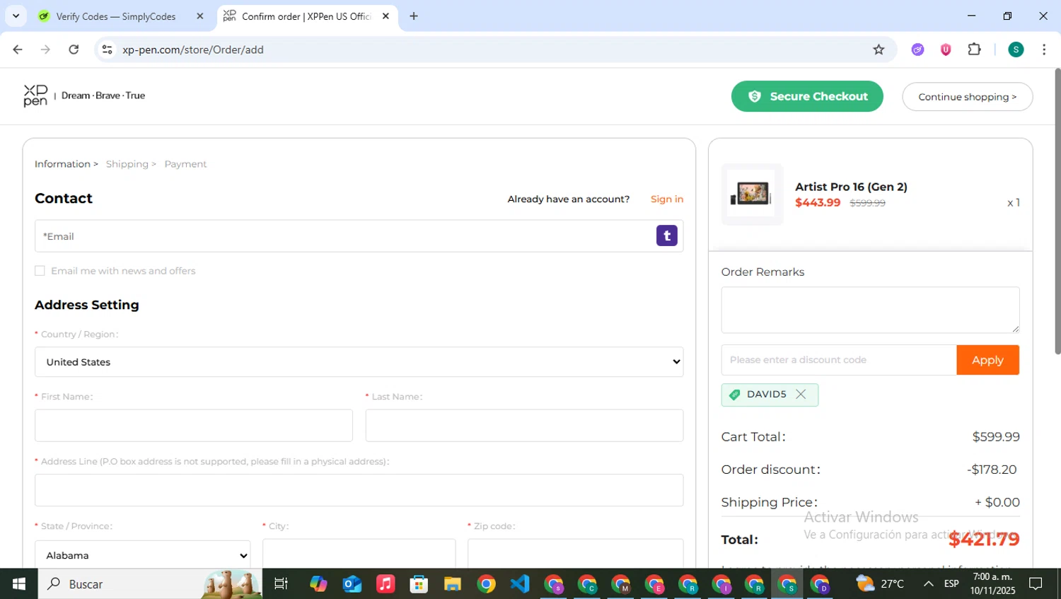 XPPen Store promo code screenshot showing code DAVID5 applied at XPPen Store checkout page. Uploaded by SimplyCodes community member VictoriousPilot5281 on Nov 10, 2025