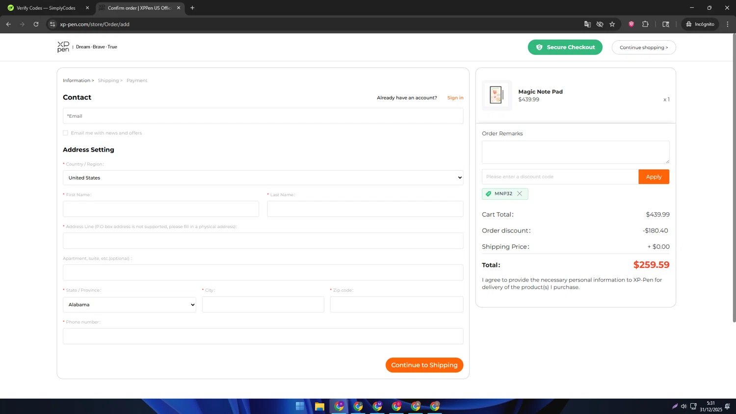 XPPen Store promo code screenshot showing code MNP32 applied at XPPen Store checkout page. Uploaded by SimplyCodes community member AVAMUSTANG on Dec 31, 2025