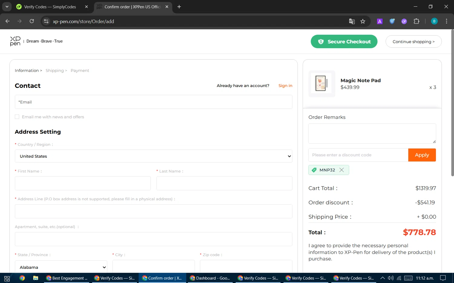 XPPen Store promo code screenshot showing code MNP32 applied at XPPen Store checkout page. Uploaded by SimplyCodes community member CleverPilot5845 on Dec 20, 2025