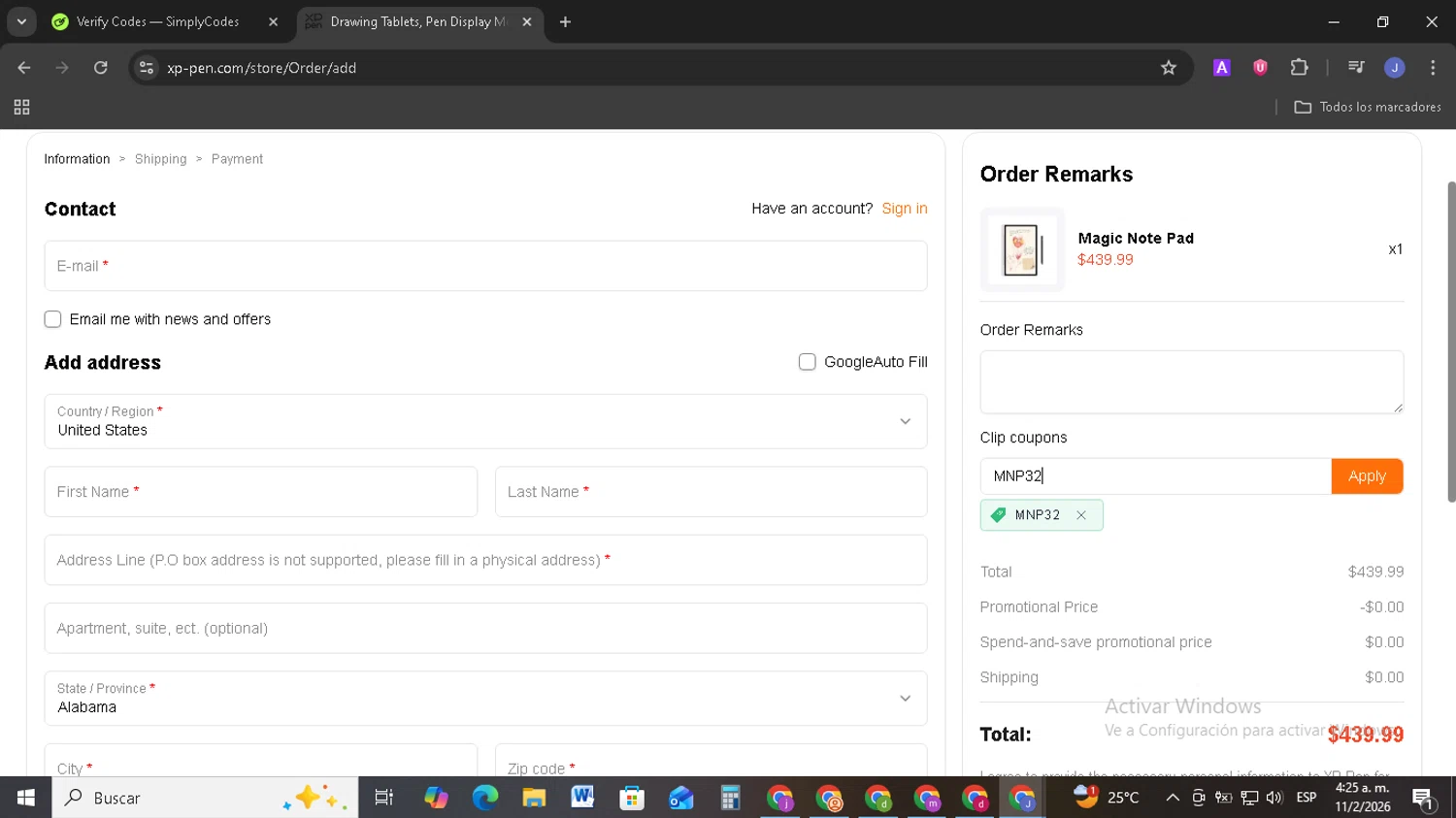 XPPen Store checkout page showing XPPen Store promo code box | Screenshot taken by SimplyCodes community member on Feb 11, 2026