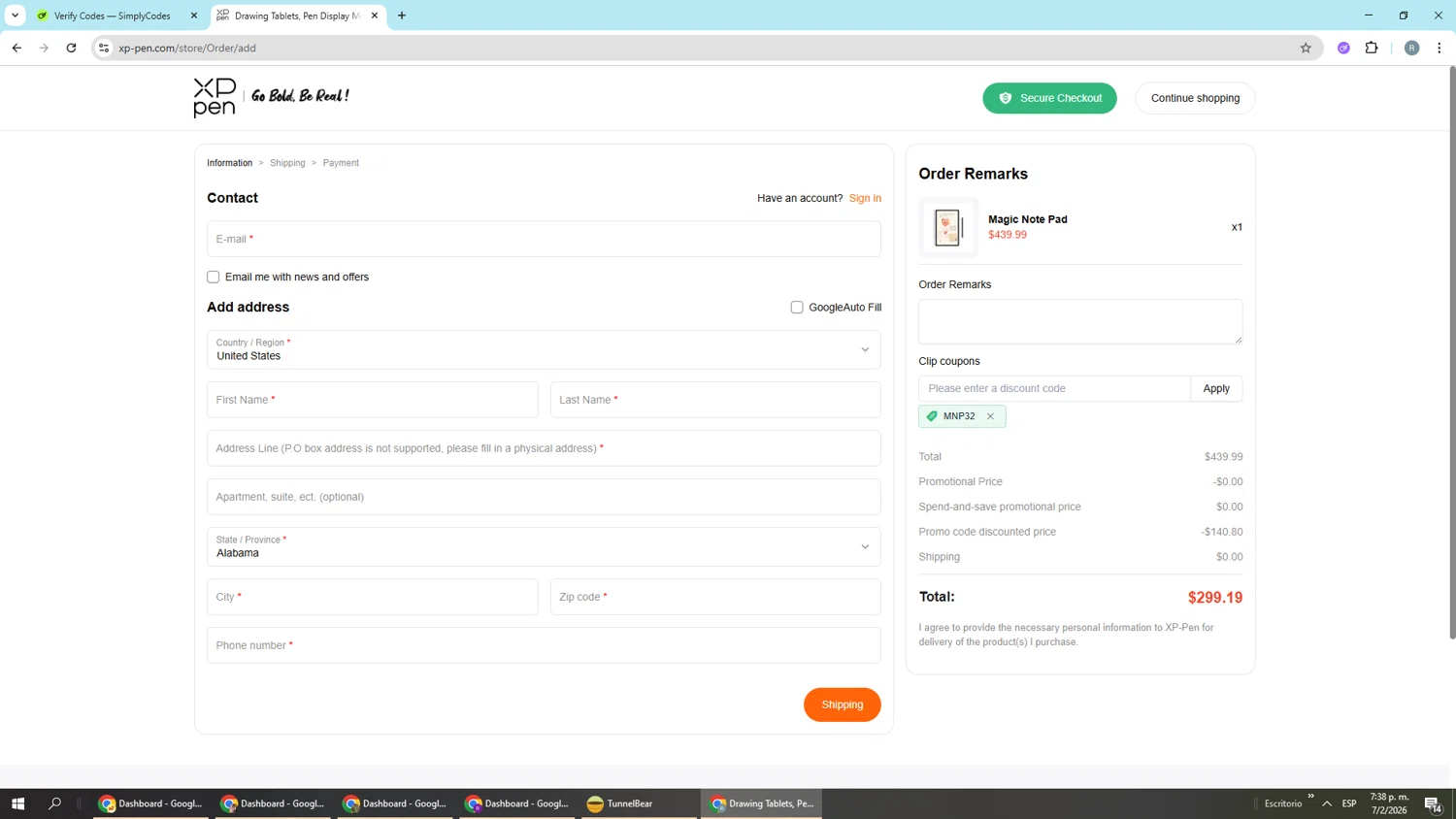 XPPen Store checkout page showing XPPen Store promo code box | Screenshot taken by SimplyCodes community member on Feb 7, 2026