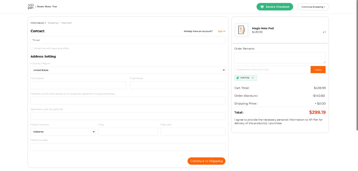 XPPen Store promo code screenshot showing code MNP32 applied at XPPen Store checkout page. Uploaded by SimplyCodes community member VictoriousFinder4393 on Jan 7, 2026