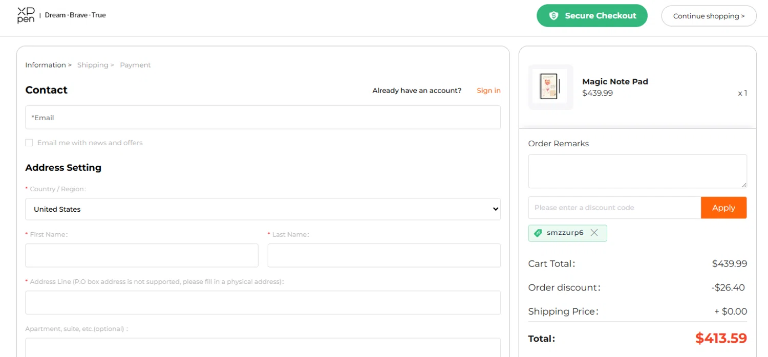 XPPen Store promo code screenshot showing code Smzzurp6 applied at XPPen Store checkout page. Uploaded by SimplyCodes community member juanisaac on Jan 13, 2026