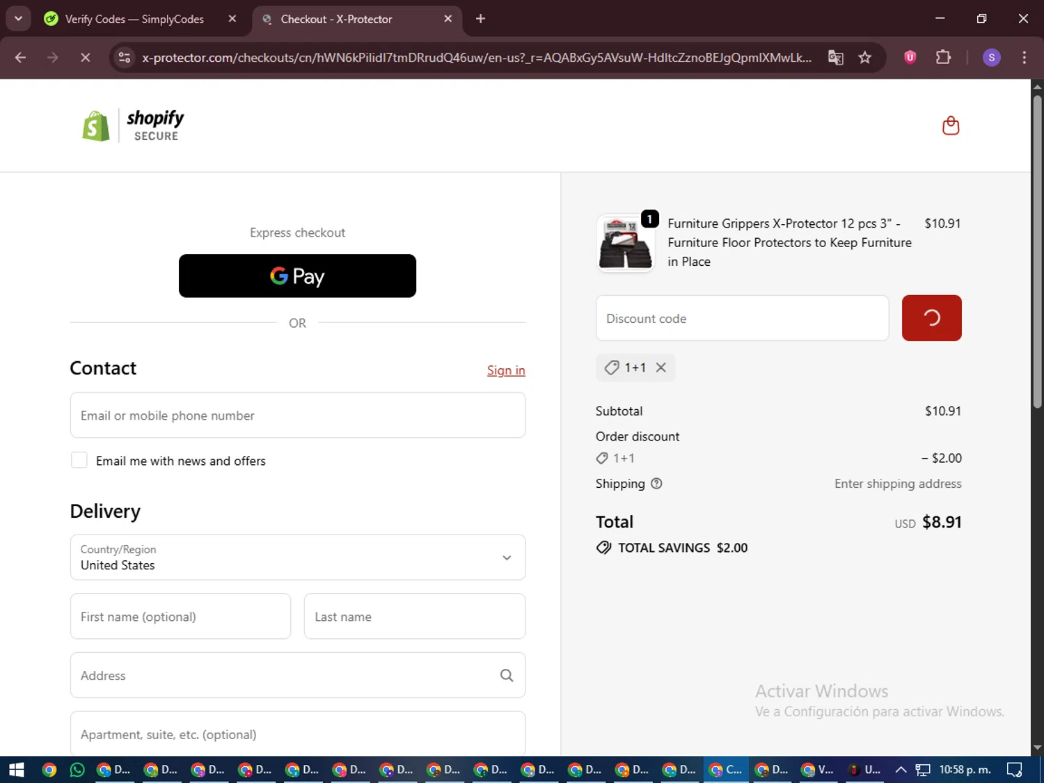 X-Protector promo code screenshot showing code 1+1 applied at X-Protector checkout page. Uploaded by SimplyCodes community member LuckyVoyager688 on Dec 23, 2025