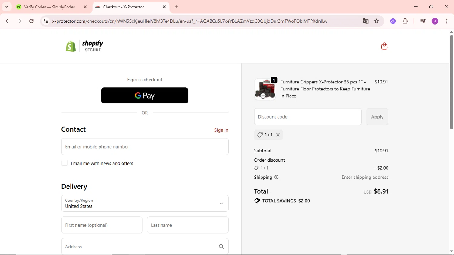 X-Protector promo code screenshot showing code 1+1 applied at X-Protector checkout page. Uploaded by SimplyCodes community member NobleSaver3560 on Nov 19, 2025