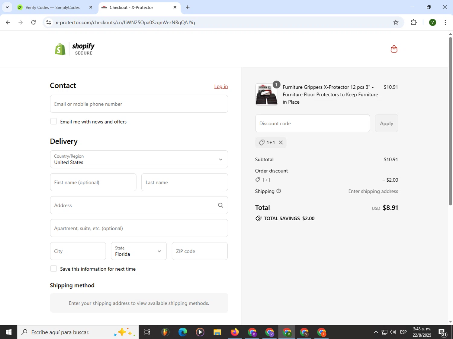 X-Protector promo code screenshot showing code 1+1 applied at X-Protector checkout page. Uploaded by SimplyCodes community member PrimeWizard4168 on Aug 22, 2025