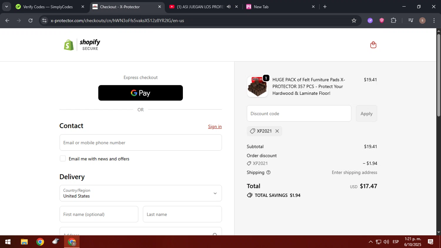 X-Protector promo code screenshot showing code XP2021 applied at X-Protector checkout page. Uploaded by SimplyCodes community member 61664350 on Oct 6, 2025