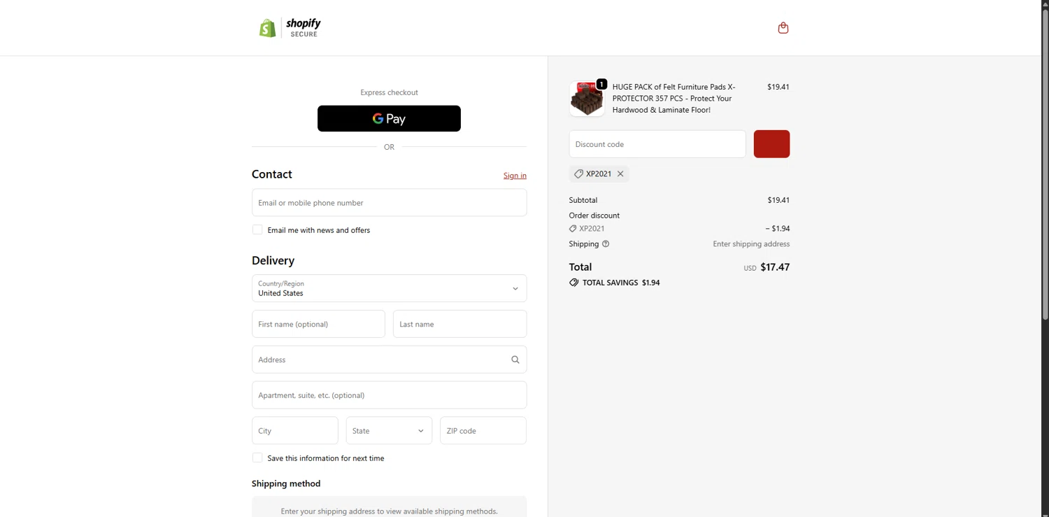 X-Protector promo code screenshot showing code XP2021 applied at X-Protector checkout page. Uploaded by SimplyCodes community member TreasureChaser3010 on Dec 23, 2025