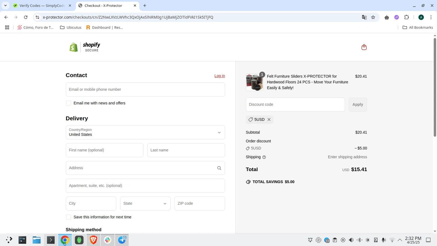 X-Protector promo code screenshot showing code 5USD applied at X-Protector checkout page. Uploaded by SimplyCodes community member admeneses on Apr 25, 2025