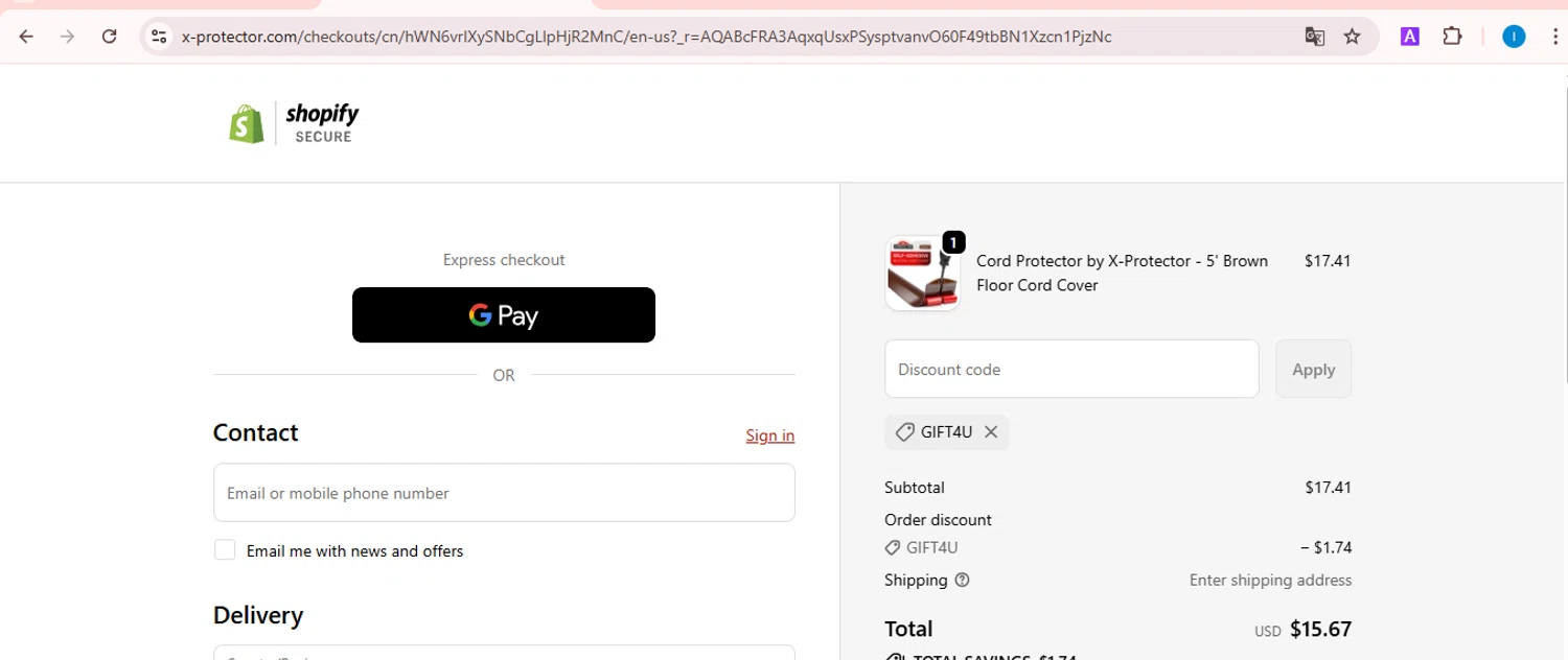 X-Protector promo code screenshot showing code GIFT4U applied at X-Protector checkout page. Uploaded by SimplyCodes community member TreasureScout5082 on Dec 27, 2025