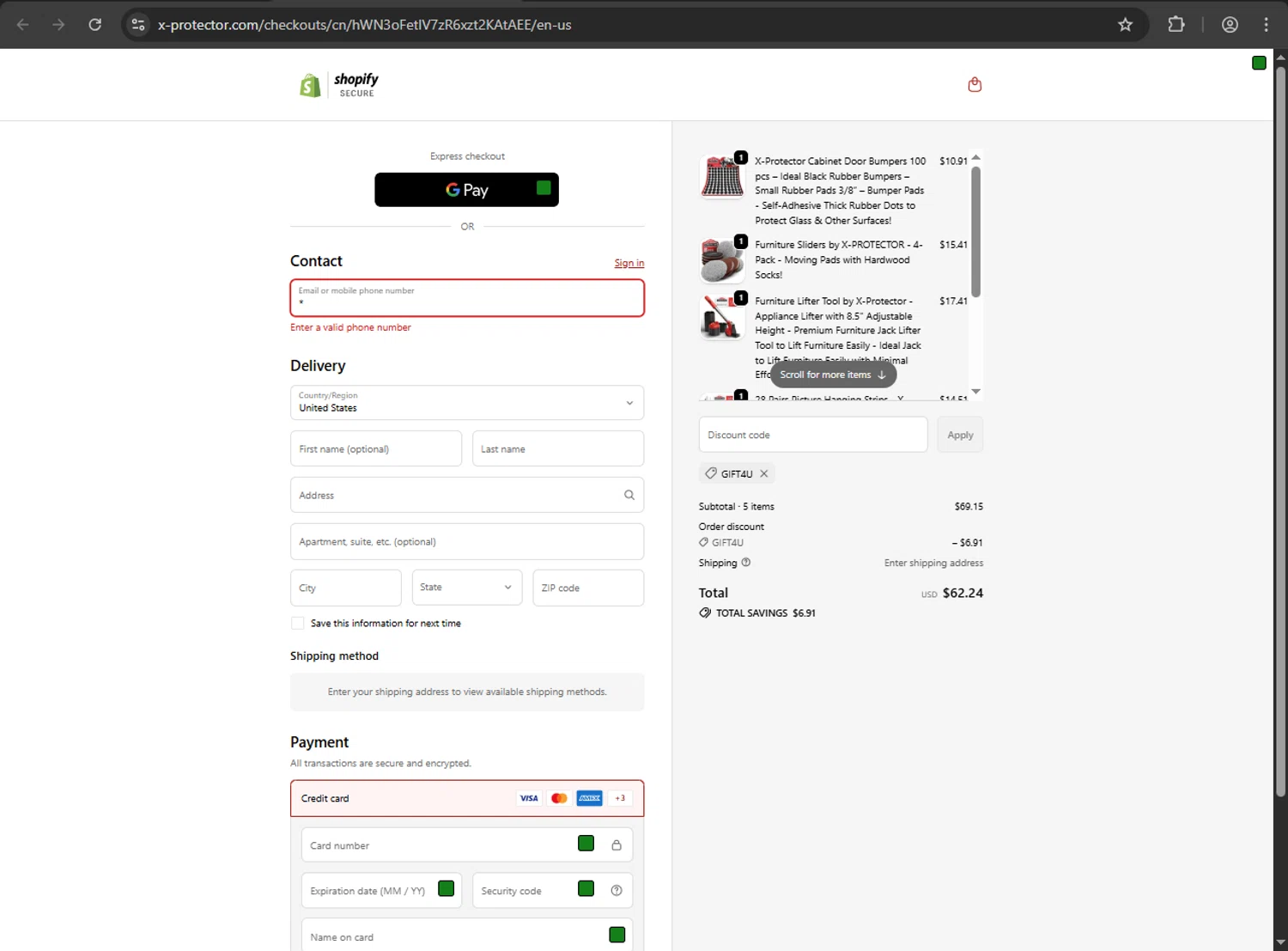 X-Protector promo code screenshot showing code GIFT4U applied at X-Protector checkout page. Uploaded by SimplyCodes community member nikelson on Oct 6, 2025