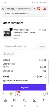 JVX coupon verification screenshot