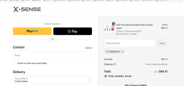 X-Sense checkout page showing X-Sense promo code box | Screenshot taken by SimplyCodes community member on Sep 15, 2025