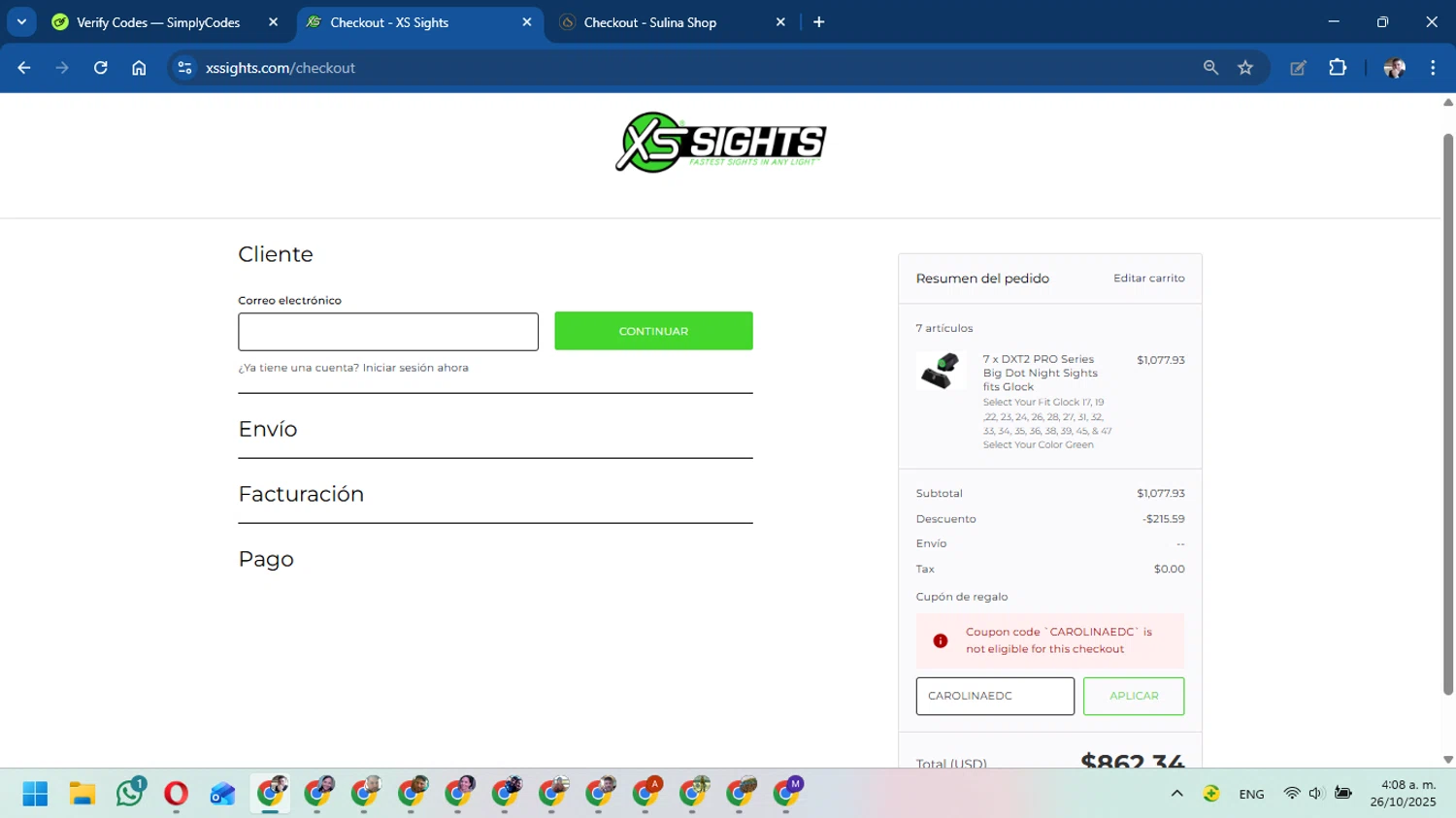 XS Sight Systems promo code screenshot showing code CAROLINAEDC applied at XS Sight Systems checkout page. Uploaded by SimplyCodes community member DavidMGF on Oct 26, 2025