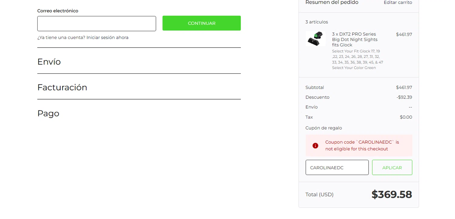 XS Sight Systems promo code screenshot showing code CAROLINAEDC applied at XS Sight Systems checkout page. Uploaded by SimplyCodes community member MagnificentCurator5441 on Oct 12, 2025