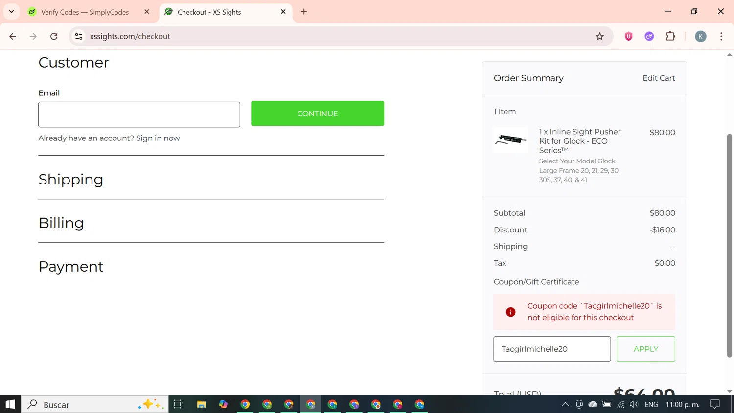 XS Sight Systems checkout page showing XS Sight Systems promo code box | Screenshot taken by SimplyCodes community member on Oct 22, 2025