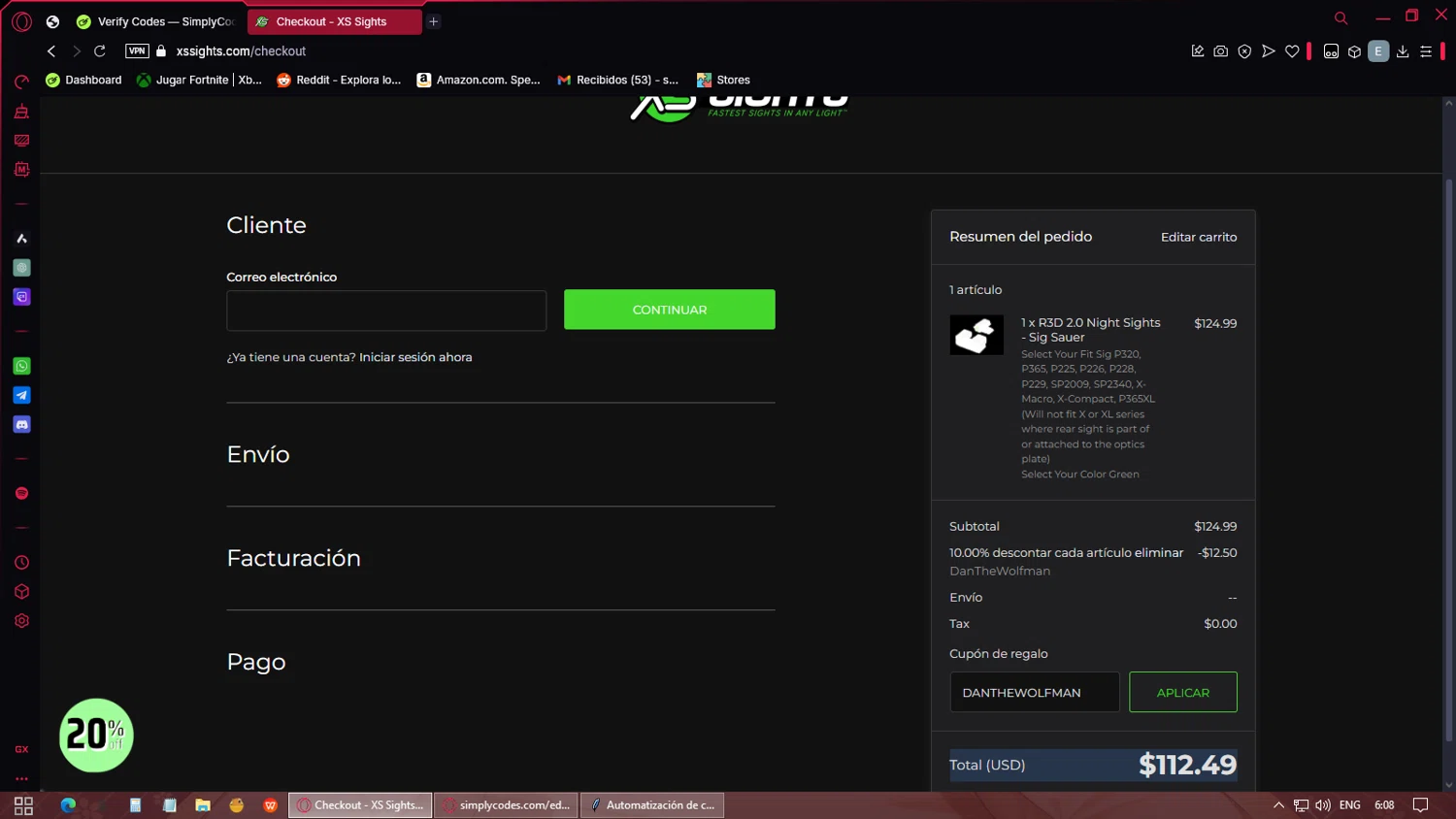 XS Sight Systems promo code screenshot showing code DANTHEWOLFMAN applied at XS Sight Systems checkout page. Uploaded by SimplyCodes community member Eliott on Mar 2, 2025