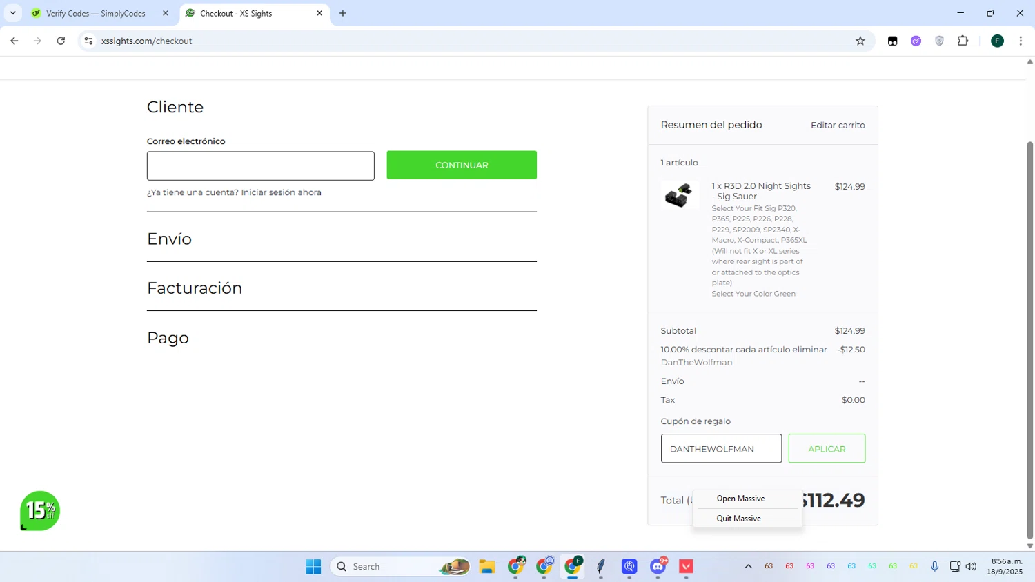 XS Sight Systems promo code screenshot showing code DANTHEWOLFMAN applied at XS Sight Systems checkout page. Uploaded by SimplyCodes community member Juanse on Sep 18, 2025