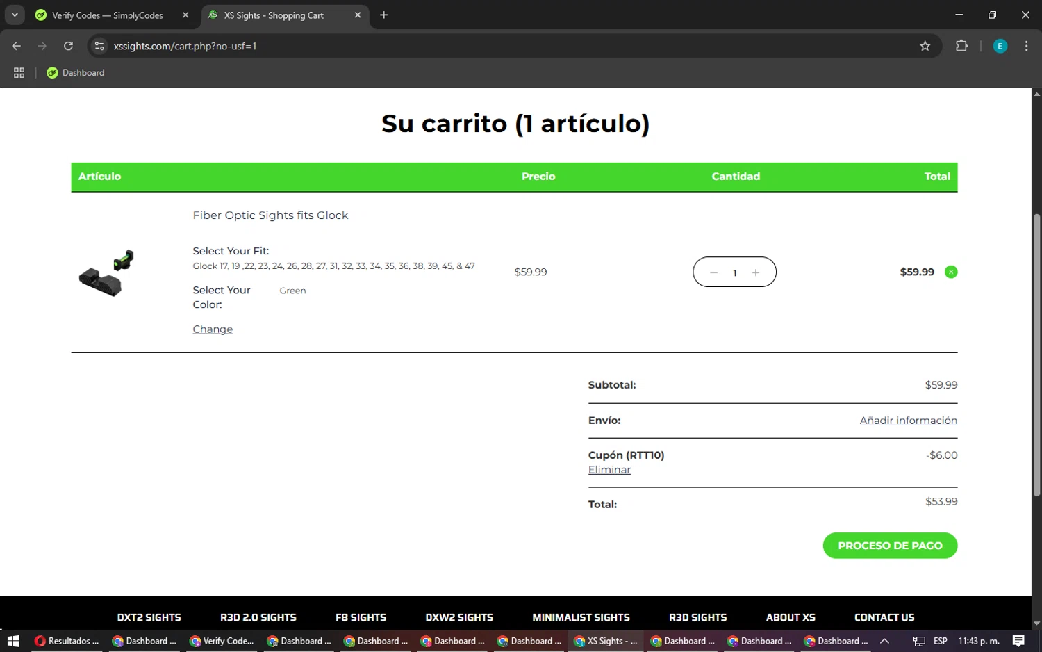 XS Sight Systems promo code screenshot showing code RTT10 applied at XS Sight Systems checkout page. Uploaded by SimplyCodes community member MightyFox1680 on Apr 16, 2025