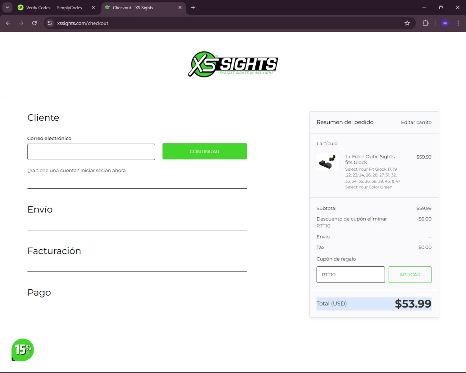 XS Sight Systems promo code screenshot showing code RTT10 applied at XS Sight Systems checkout page. Uploaded by SimplyCodes community member RewardLynx5307 on Apr 16, 2025
