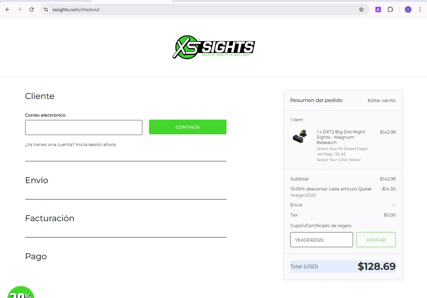 XS Sight Systems promo code screenshot showing code YEAGER2020 applied at XS Sight Systems checkout page. Uploaded by SimplyCodes community member SilverVirtuoso5948 on Feb 23, 2025