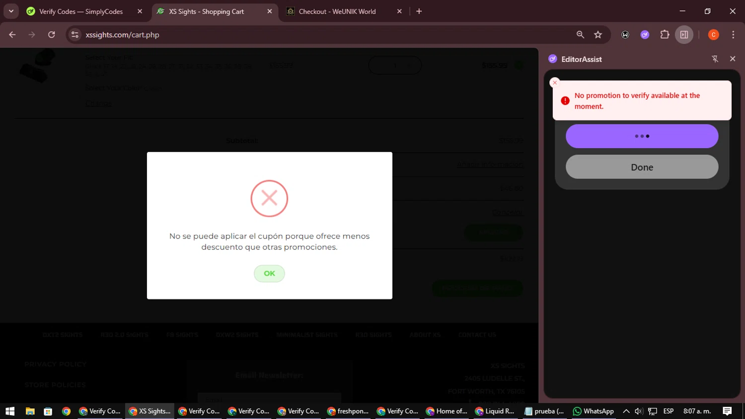 XS Sight Systems promo code screenshot showing code GLOW15 applied at XS Sight Systems checkout page. Uploaded by SimplyCodes community member NatanaelCano on Nov 25, 2025