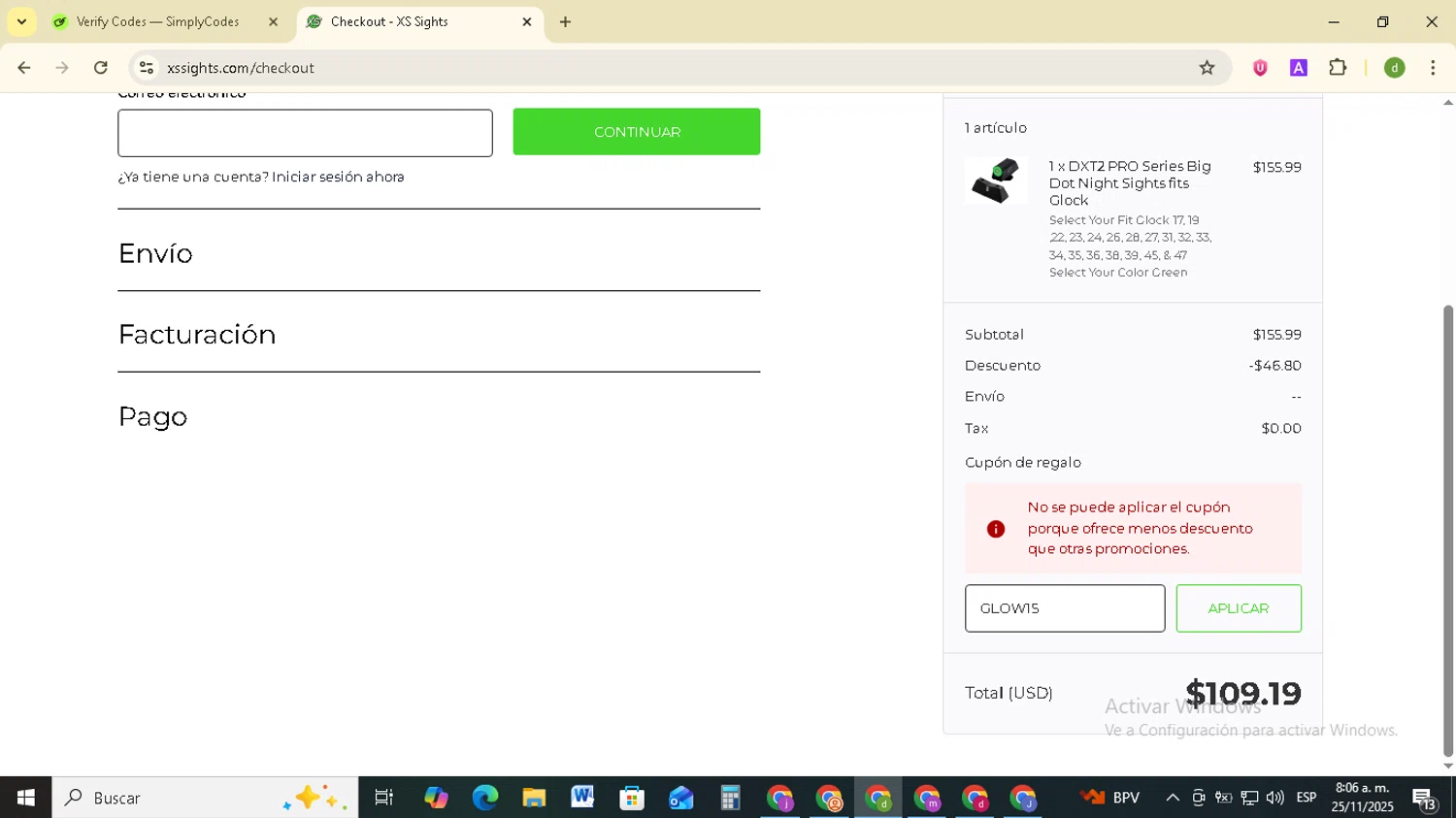 XS Sight Systems promo code screenshot showing code GLOW15 applied at XS Sight Systems checkout page. Uploaded by SimplyCodes community member SavingsSentinel833 on Nov 25, 2025