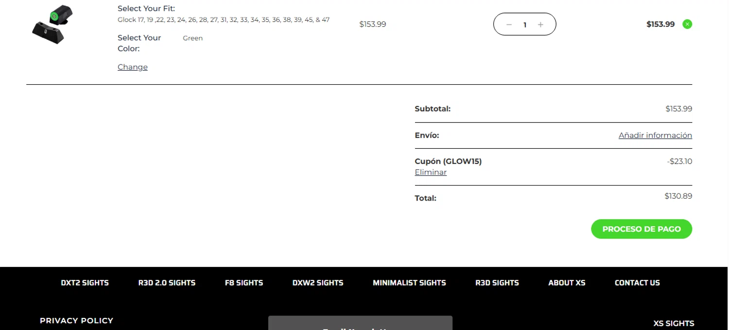 XS Sight Systems promo code screenshot showing code GLOW15 applied at XS Sight Systems checkout page. Uploaded by SimplyCodes community member shark12 on Jul 9, 2025