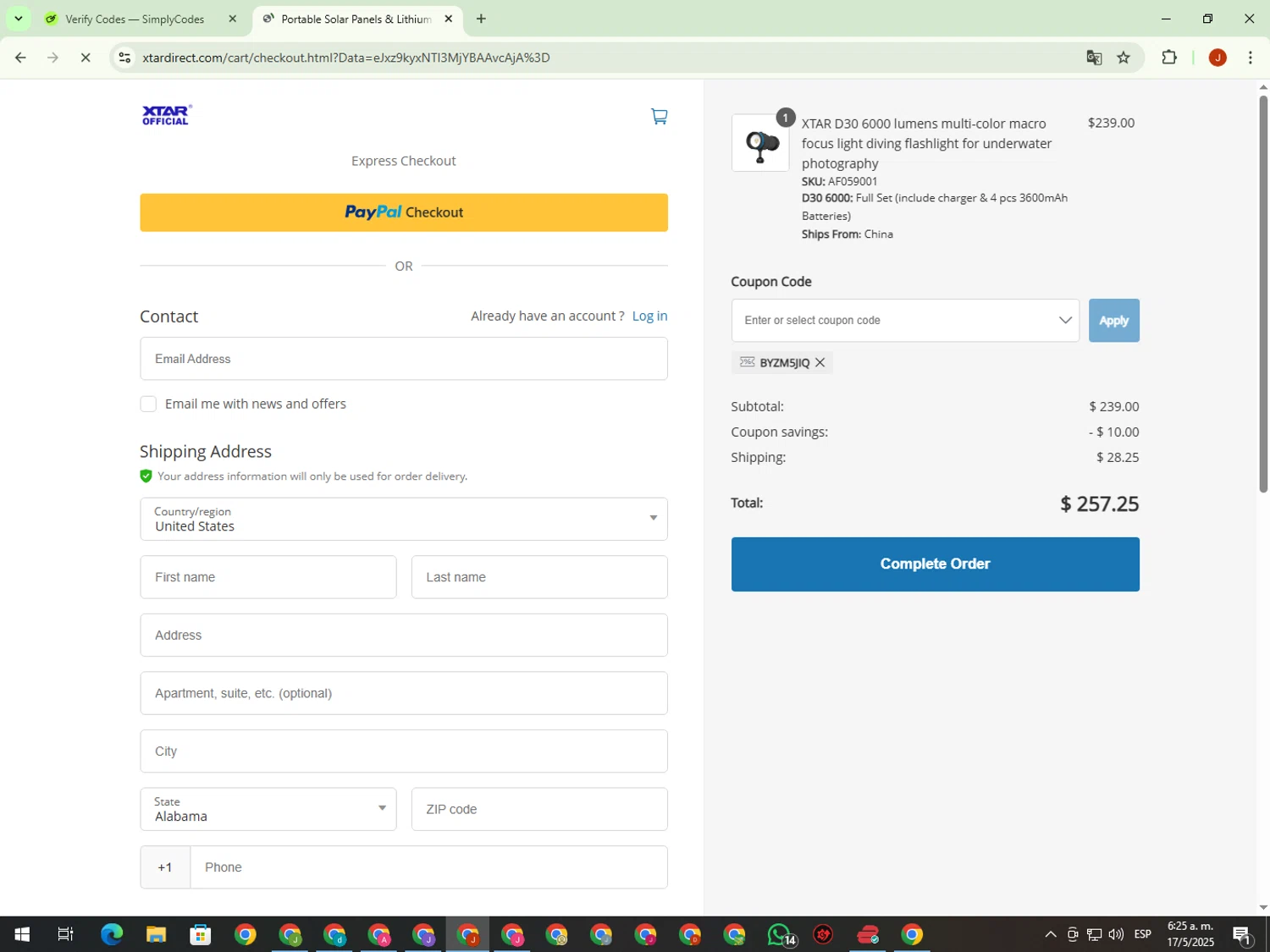 XTAR Technology checkout page showing XTAR Technology promo code box | Screenshot taken by SimplyCodes community member on May 17, 2025